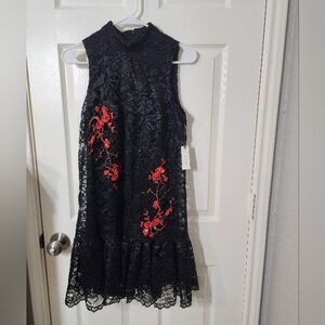 Anthropologie Dress Black Lace with Embroidery